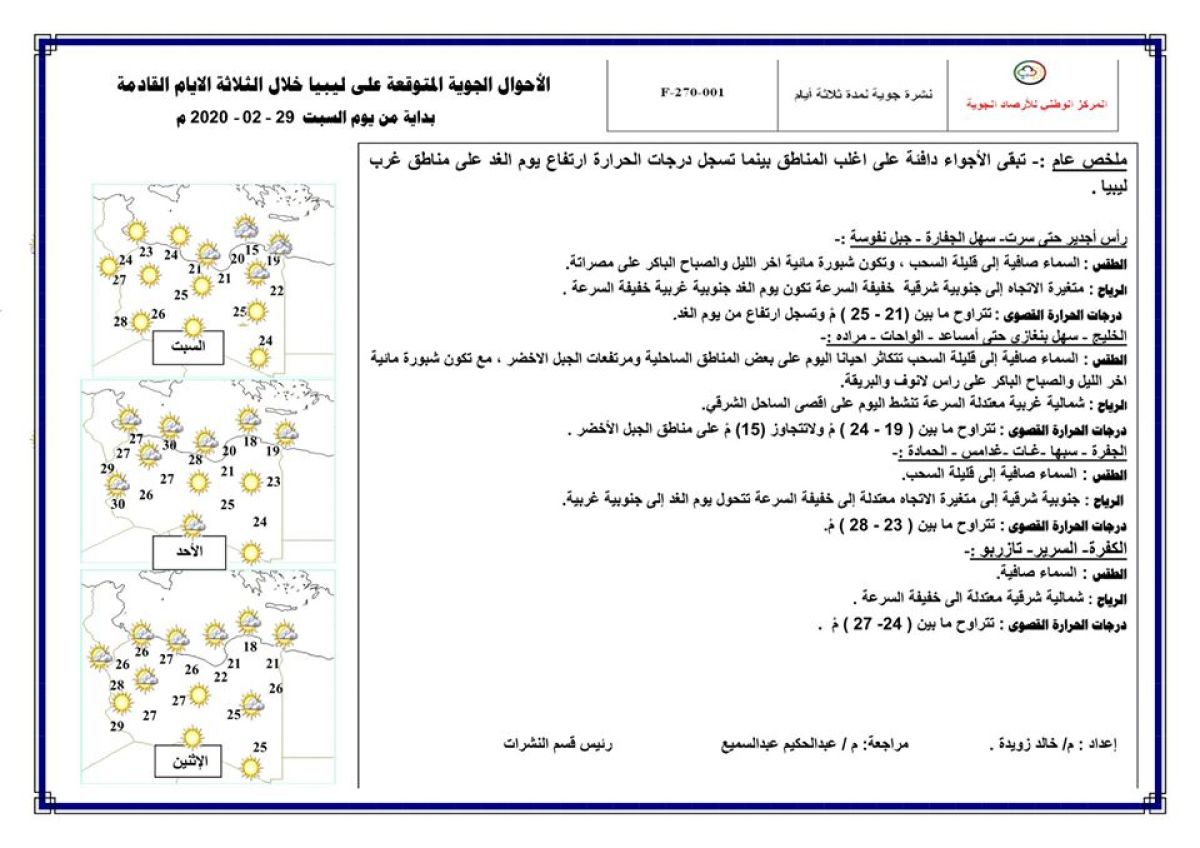 النشرة الجوية ليوم الأحد الموافق 01 – 03 – 2020 الصادرة عن المركز الوطني للأرصاد الجوية