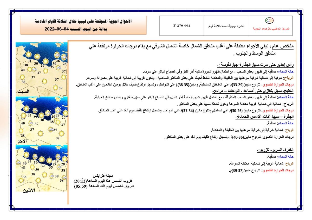 النشرة الجوية ليوم السبت الموافق 04 – 06 – 2022 الصادرة عن المركز الوطني للأرصاد الجوية