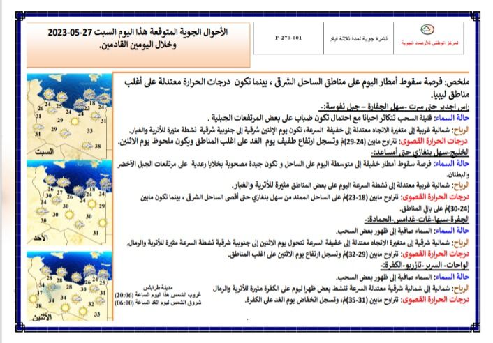 النشرة الجوية ليوم السبت الموافق 27 – 05 – 2023 الصادرة عن المركز الوطني للأرصاد الجوية