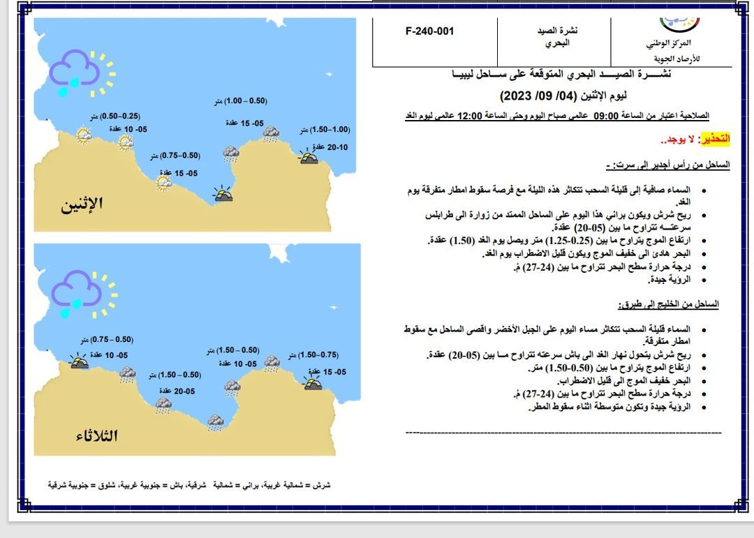 النشرة الجوية ليوم الاثنين الموافق 04 – 09 – 2023 الصادرة عن المركز الوطني للأرصاد الجوية