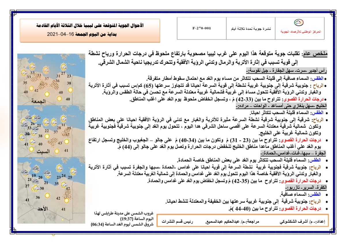 النشرة الجوية ليوم الجمعة الموافق 16 – 04 – 2021 الصادرة عن المركز الوطني للأرصاد الجوية