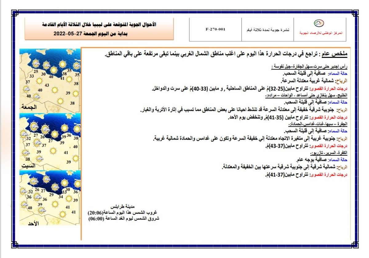 النشرة الجوية ليوم الجمعة الموافق 27 – 05 – 2022 الصادرة عن المركز الوطني للأرصاد الجوية