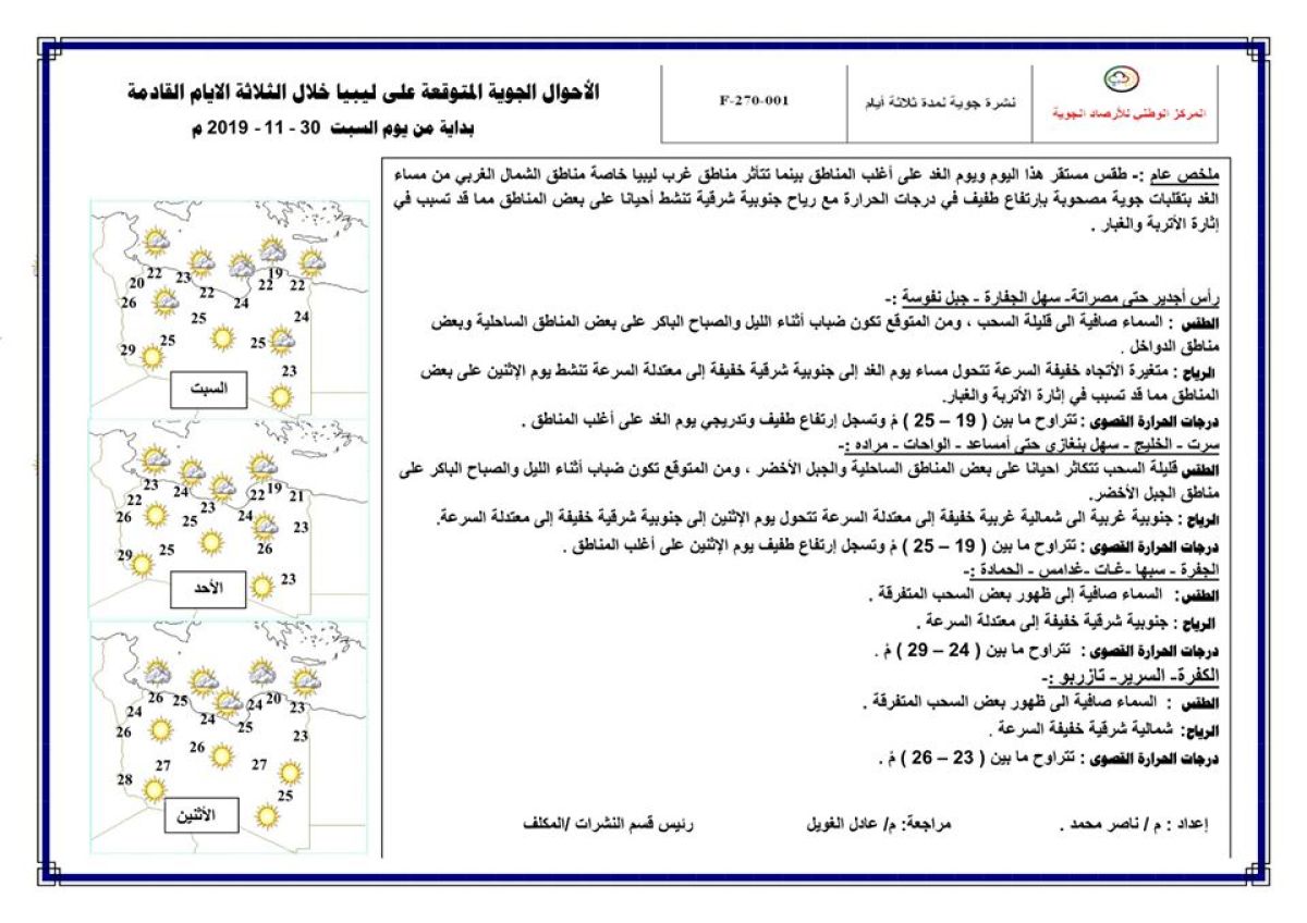 النشرة الجوية ليوم السبت الموافق 30 – 11 – 2019 الصادرة عن المركز الوطني للأرصاد الجوية