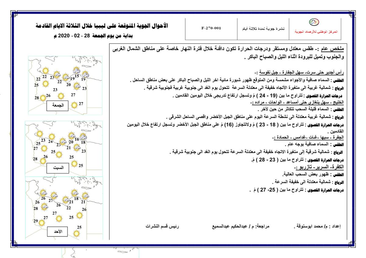 النشرة الجوية ليوم الجمعة الموافق 28 – 02 – 2020 الصادرة عن المركز الوطني للأرصاد الجوية