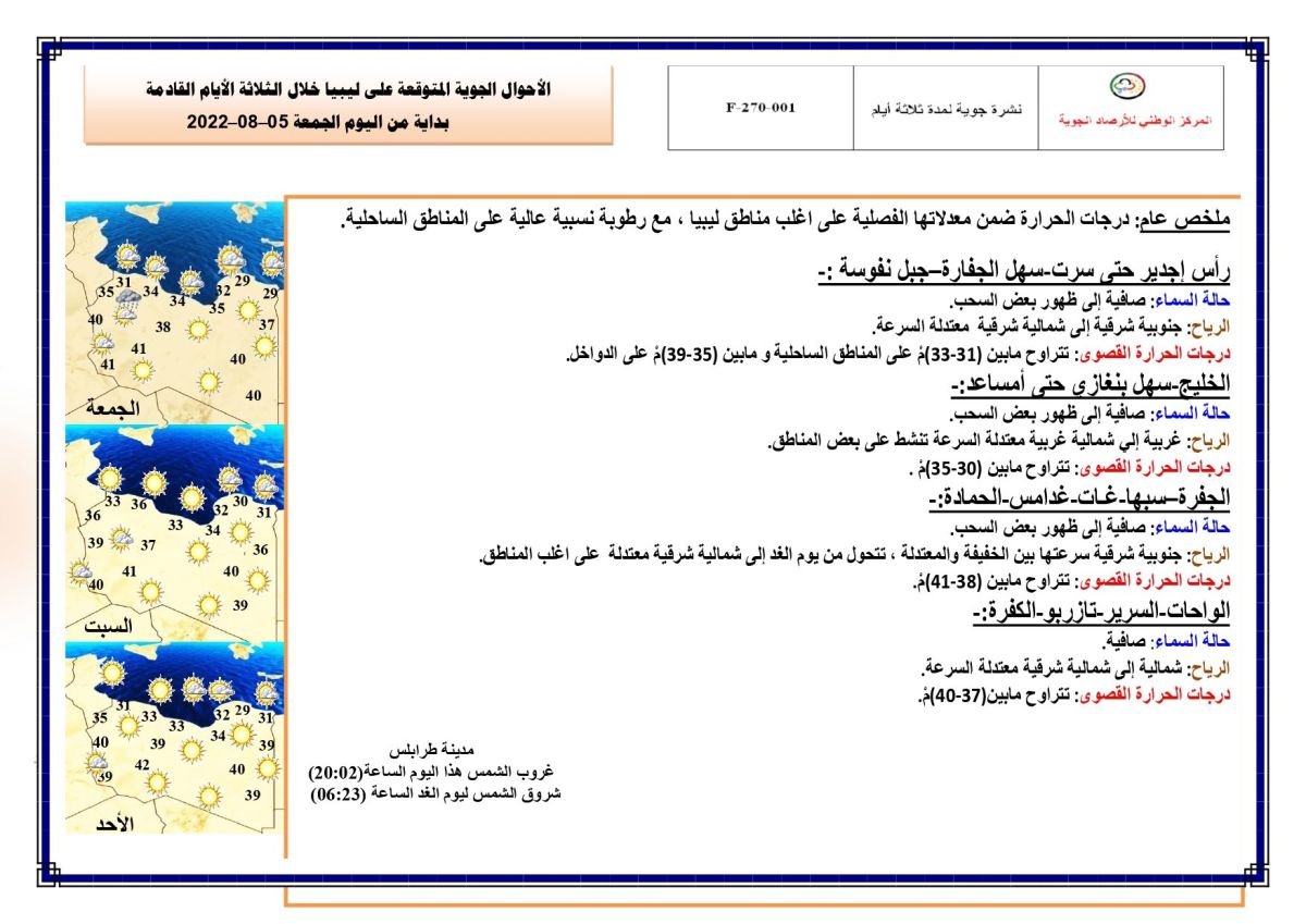 النشرة الجوية ليوم الجمعة الموافق 05 – 08 – 2022 الصادرة عن المركز الوطني للأرصاد الجوية