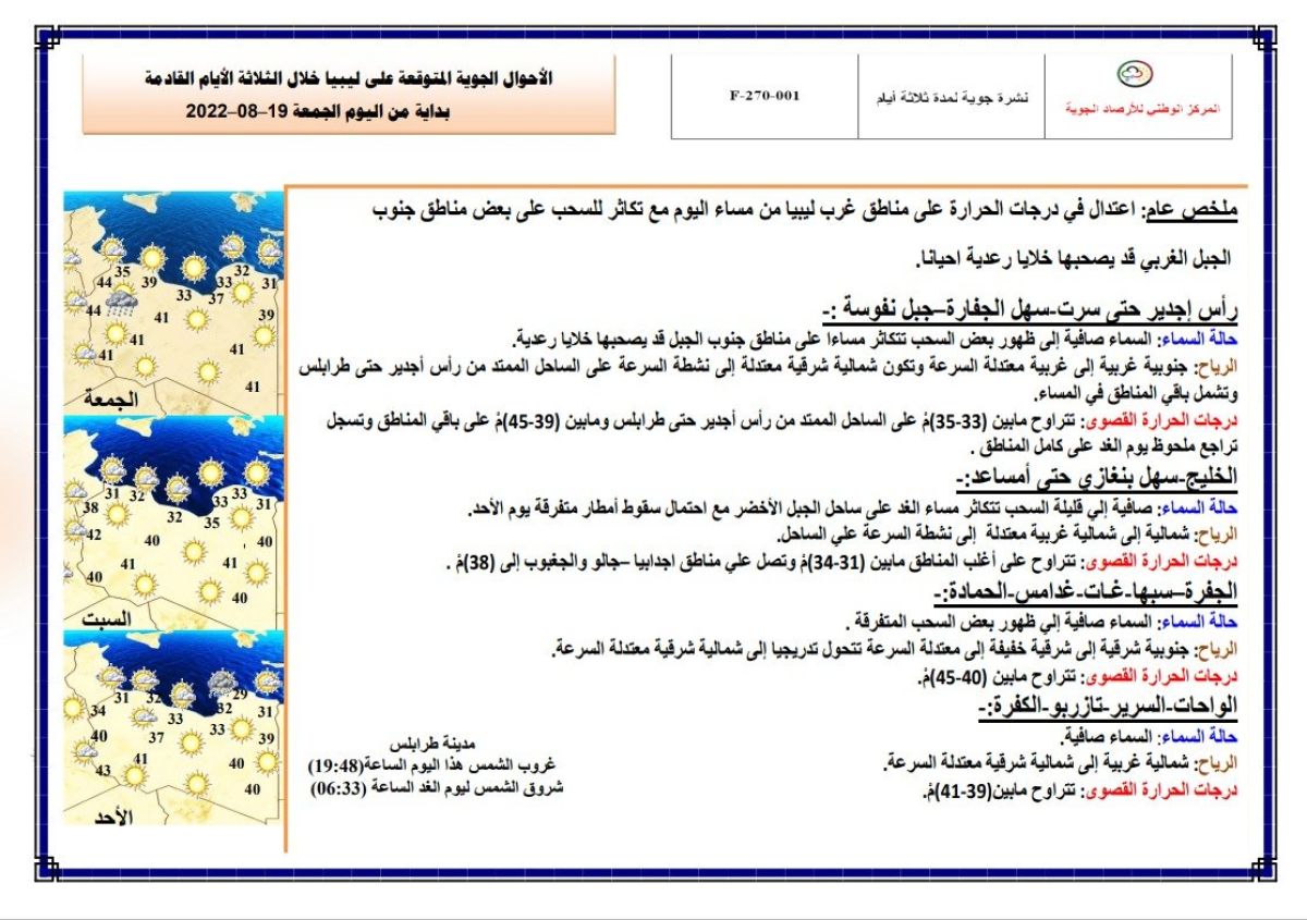 النشرة الجوية ليوم الجمعة الموافق 19 – 08 – 2022 الصادرة عن المركز الوطني للأرصاد الجوية