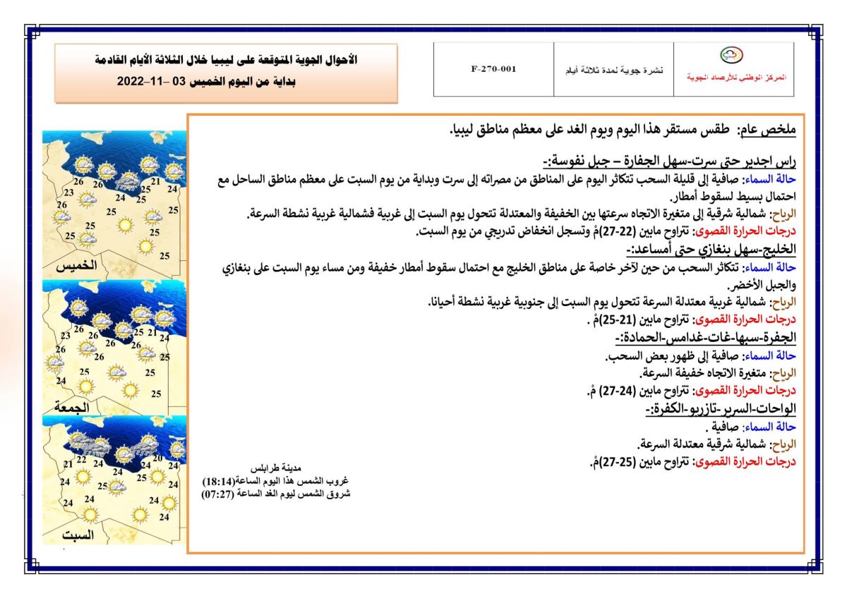 النشرة الجوية ليوم الخميس الموافق 03 – 11 – 2022 الصادرة عن المركز الوطني للأرصاد الجوية