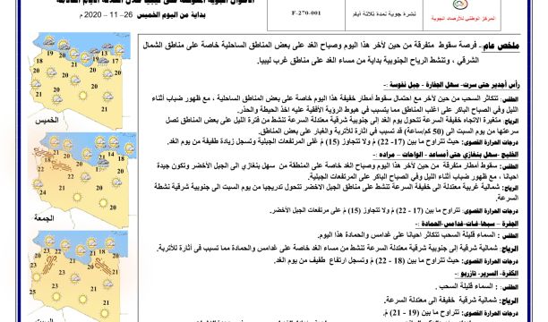 النشرة الجوية ليوم الخميس الموافق 26 – 11 – 2020 الصادرة عن المركز الوطني للأرصاد الجوية