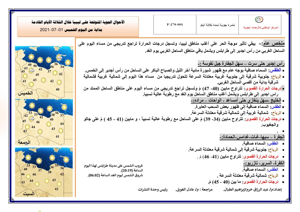 النشرة الجوية ليوم الخميس الموافق 01 – 07 – 2021 الصادرة عن المركز الوطني للأرصاد الجوية