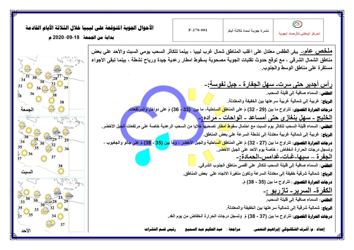 النشرة الجوية ليوم الجمعة الموافق 18 – 09 – 2020 الصادرة عن المركز الوطني للأرصاد الجوية