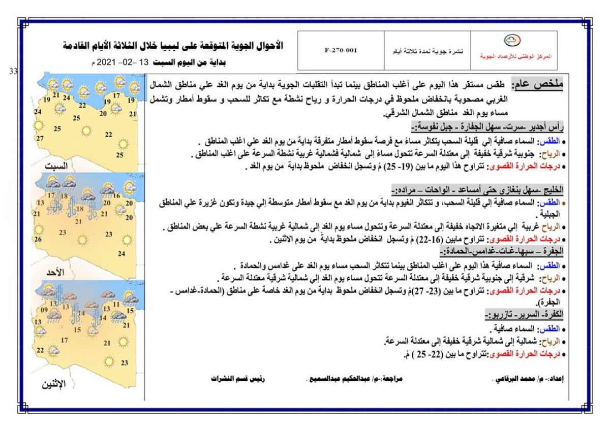 النشرة الجوية ليوم السبت الموافق 13 – 02 – 2021 الصادرة عن المركز الوطني للأرصاد الجوية