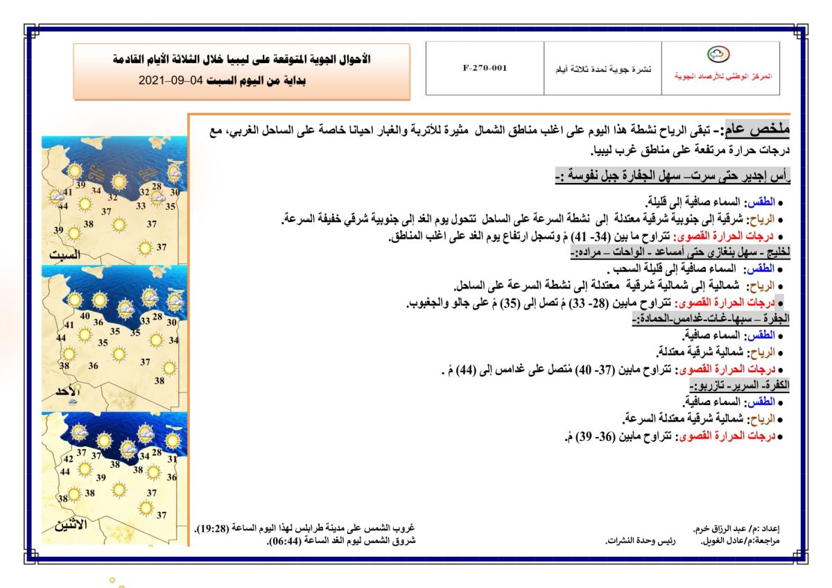 النشرة الجوية ليوم السبت الموافق 04– 09 – 2021 الصادرة عن المركز الوطني للأرصاد الجوية