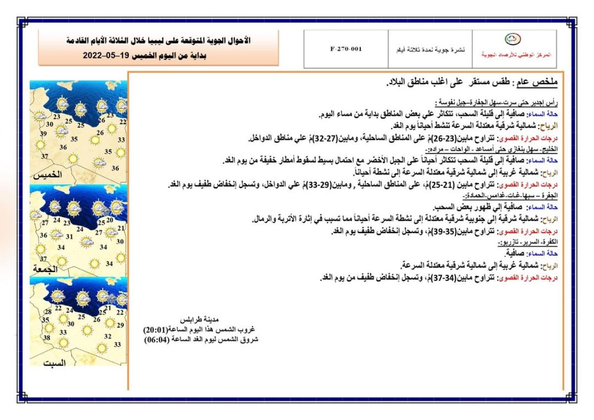 النشرة الجوية ليوم الخميس الموافق 19 – 05 – 2022 الصادرة عن المركز الوطني للأرصاد الجوية