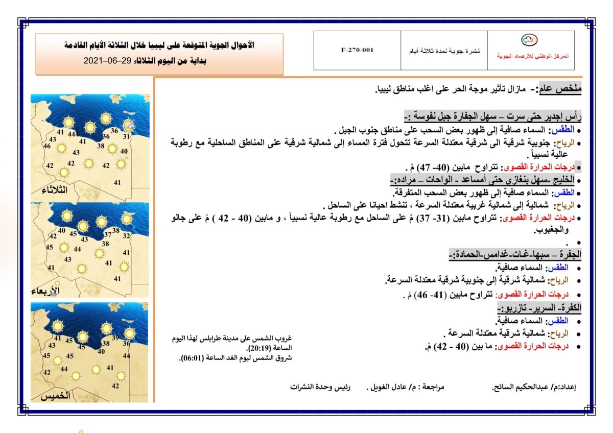 النشرة الجوية ليوم الثلاثاء الموافق 29 – 06 – 2021 الصادرة عن المركز الوطني للأرصاد الجوية