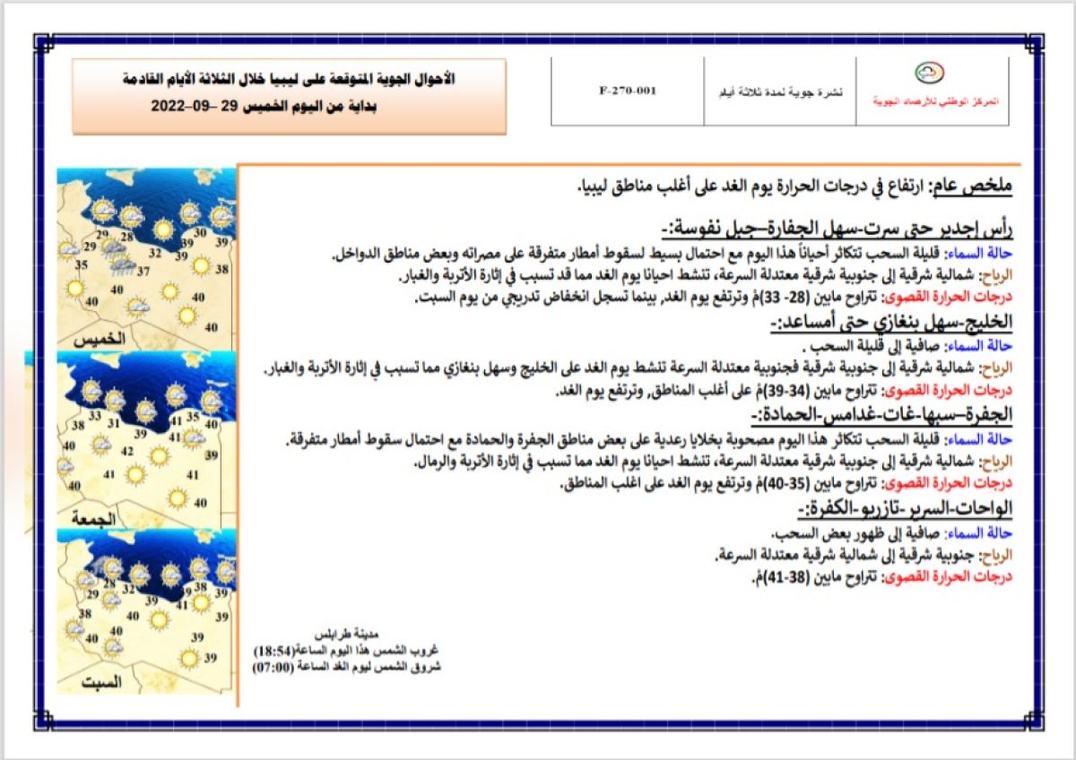 النشرة الجوية ليوم الخميس الموافق 29 – 09 – 2022 الصادرة عن المركز الوطني للأرصاد الجوية