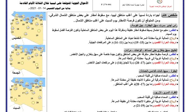 النشرة الجوية ليوم الخميس الموافق 14 – 01 – 2021 الصادرة عن المركز الوطني للأرصاد الجوية