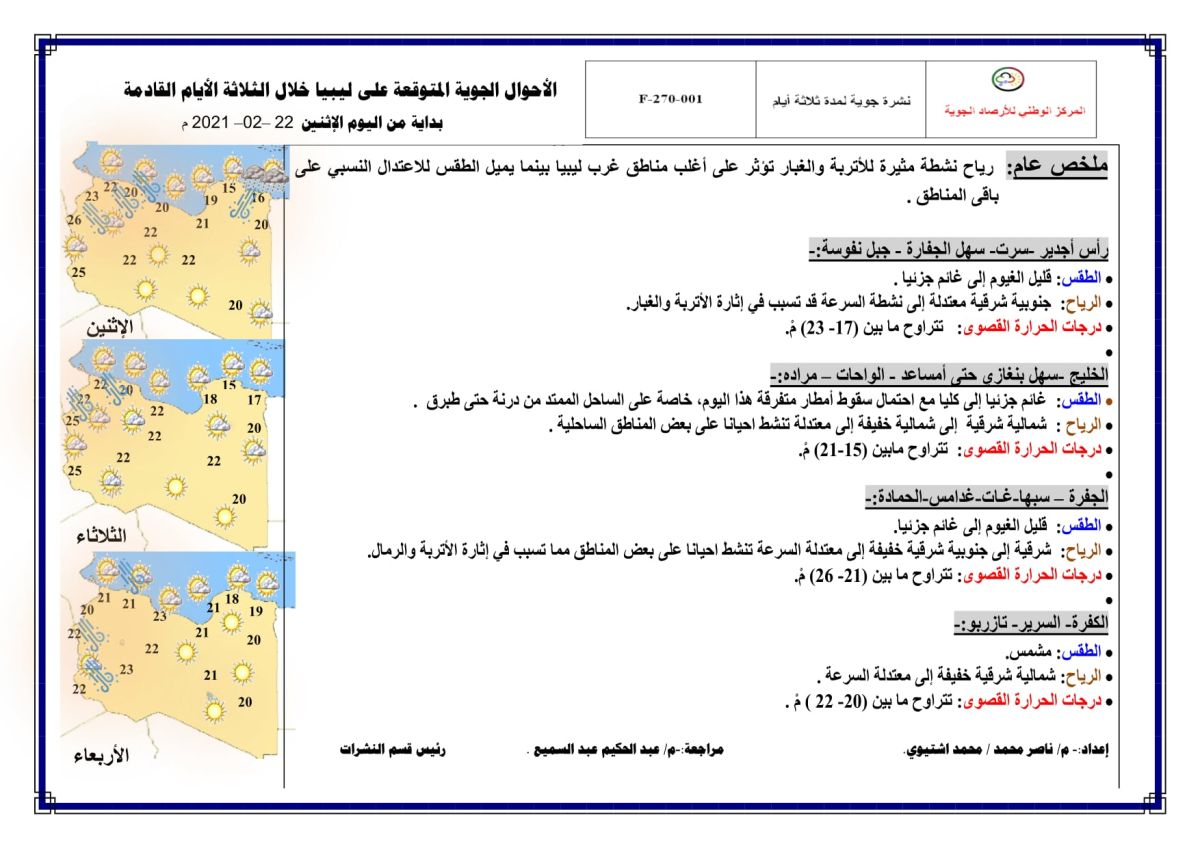 النشرة الجوية ليوم الاثنين الموافق 22 – 02 – 2021 الصادرة عن المركز الوطني للأرصاد الجوية