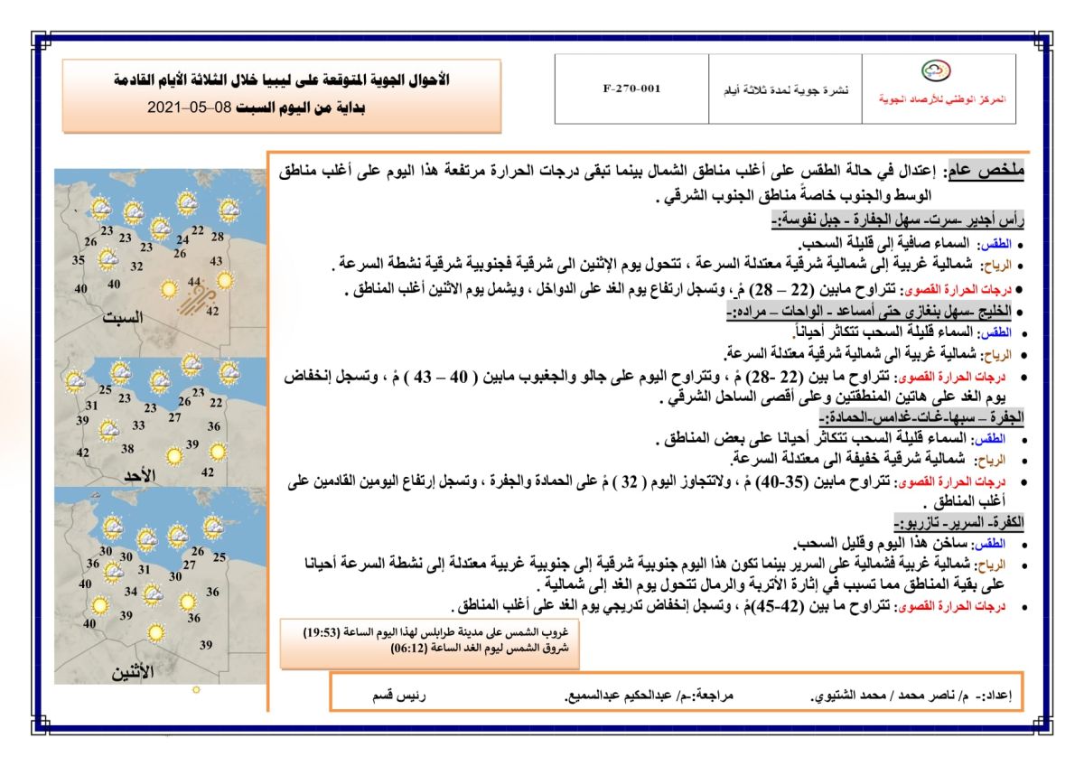 النشرة الجوية ليوم السبت الموافق 08 – 05 – 2021 الصادرة عن المركز الوطني للأرصاد الجوية