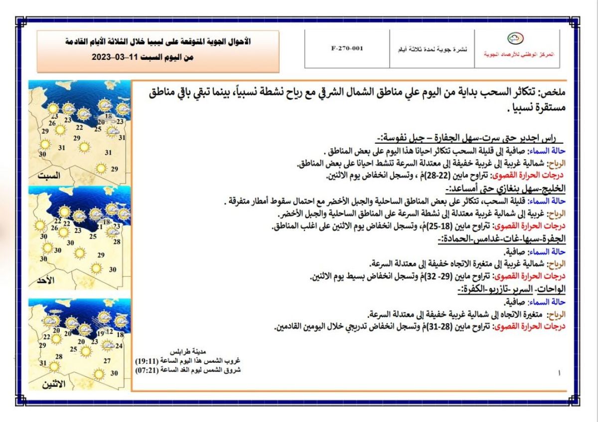 النشرة الجوية ليوم السبت الموافق 11– 03 – 2023 الصادرة عن المركز الوطني للأرصاد الجوية