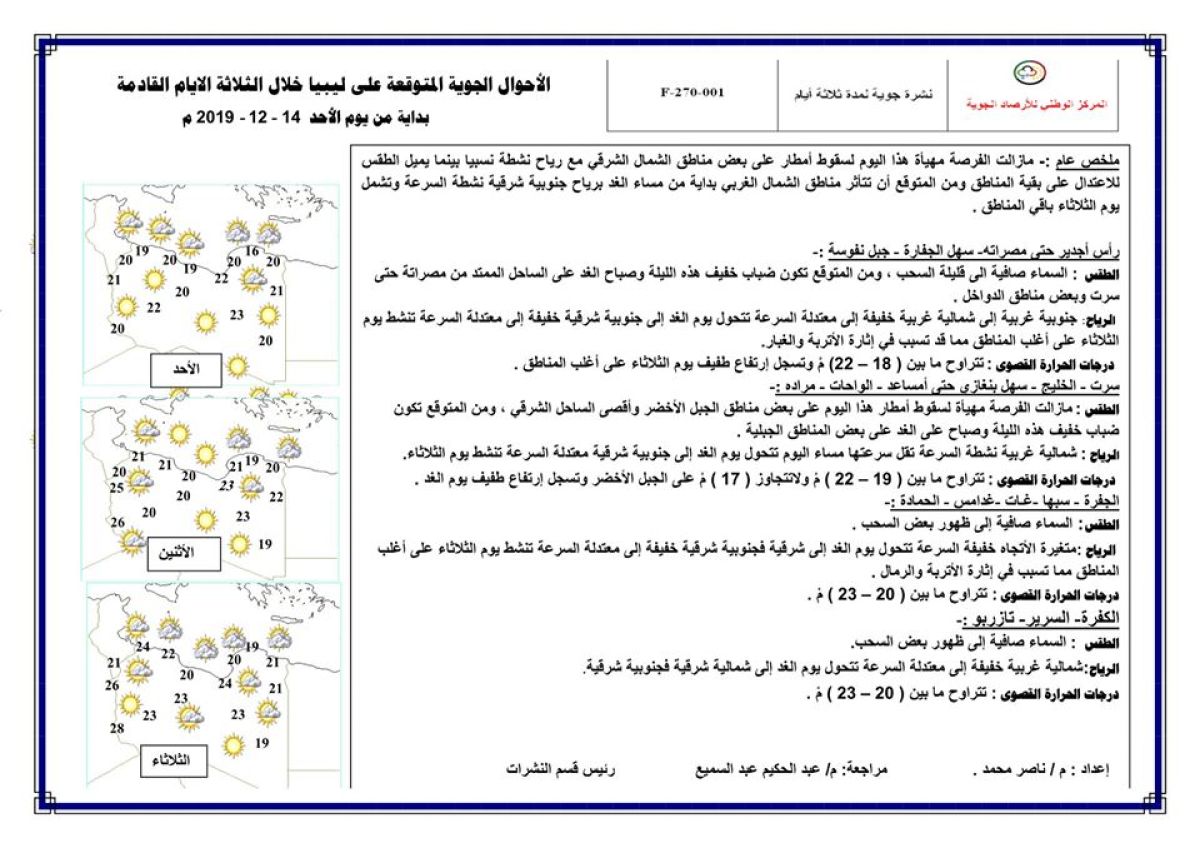 النشرة الجوية ليوم الأحد الموافق 15 – 12 – 2019 الصادرة عن المركز الوطني للأرصاد الجوية