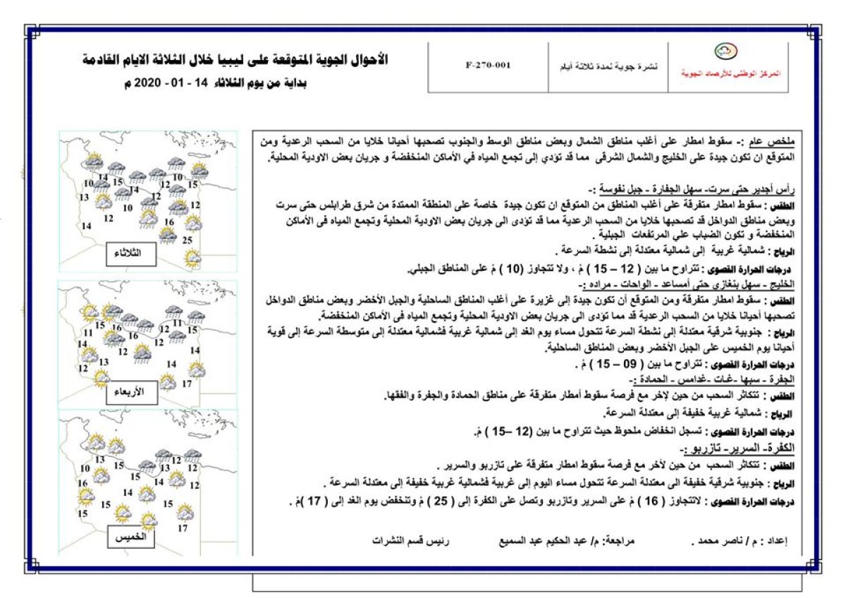 النشرة الجوية ليوم الثلاثاء الموافق 14 – 01 – 2020 الصادرة عن المركز الوطني للأرصاد الجوية