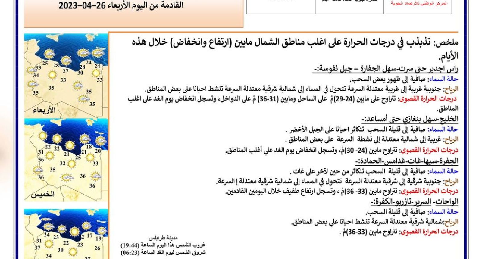 النشرة الجوية ليوم الأربعاء الموافق 26 – 04 – 2023 الصادرة عن المركز الوطني للأرصاد الجوية