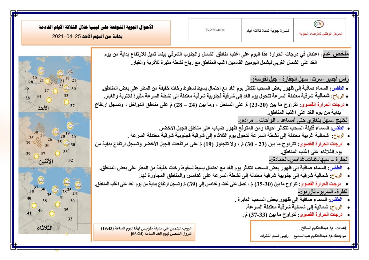 النشرة الجوية ليوم الأحد الموافق 25 – 04 – 2021 الصادرة عن المركز الوطني للأرصاد الجوية