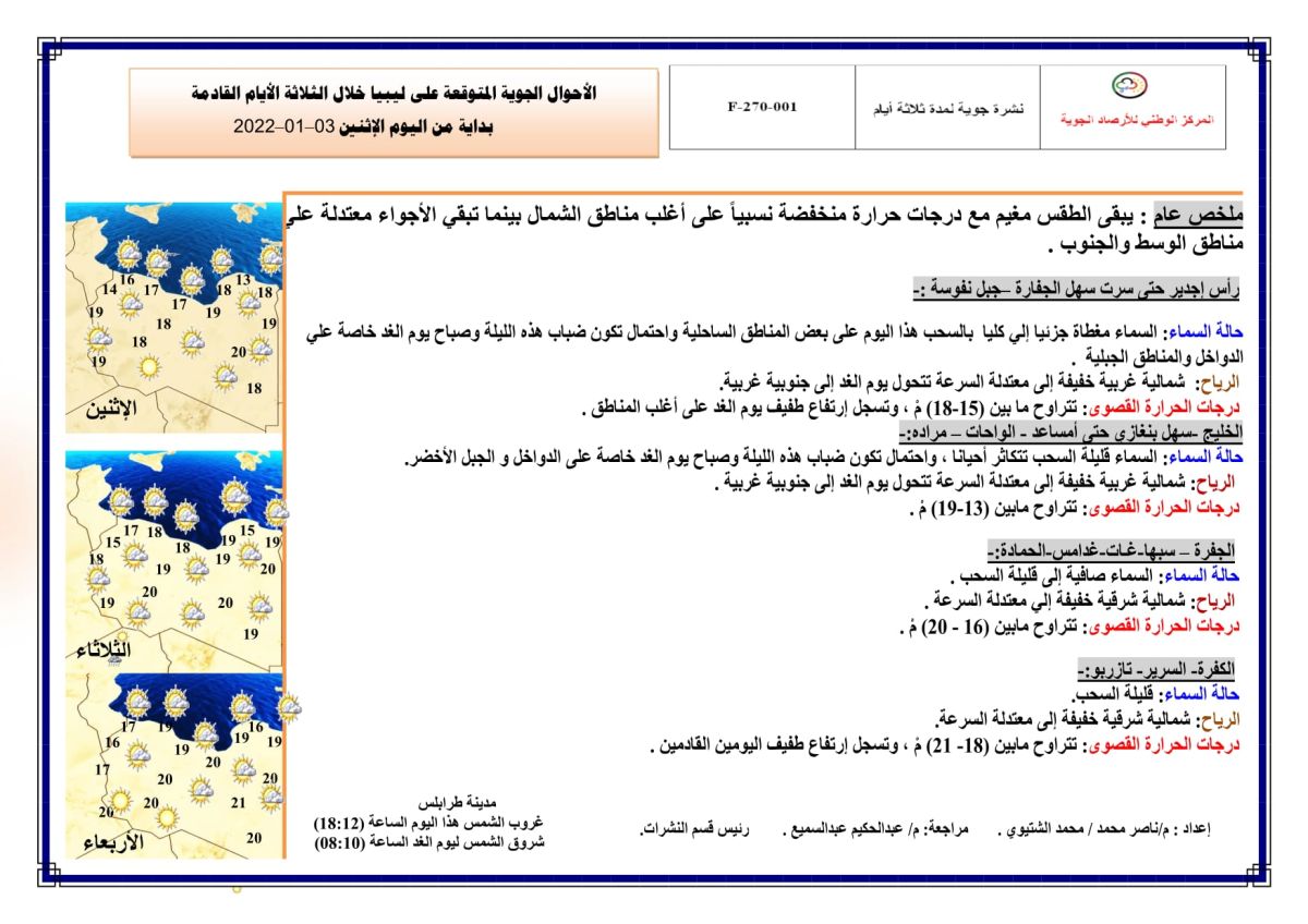 النشرة الجوية ليوم الاثنين الموافق 03 – 01 – 2022 الصادرة عن المركز الوطني للأرصاد الجوية