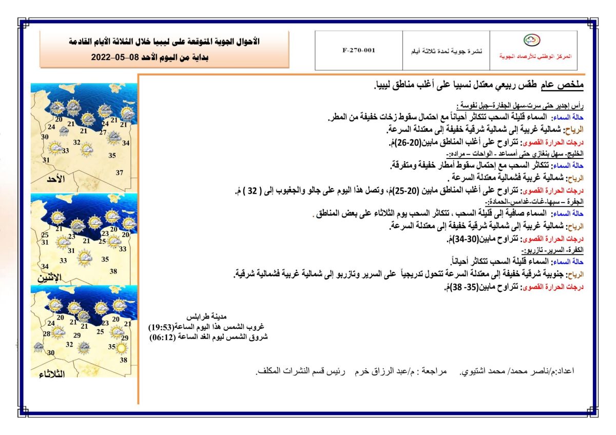 النشرة الجوية ليوم الأحد الموافق 08 – 05 – 2022 الصادرة عن المركز الوطني للأرصاد الجوية