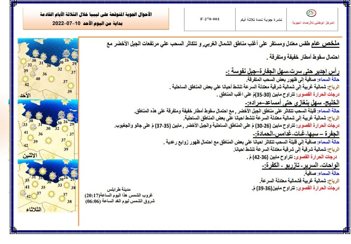 النشرة الجوية ليوم الأحد الموافق 10– 07 – 2022 الصادرة عن المركز الوطني للأرصاد الجوية