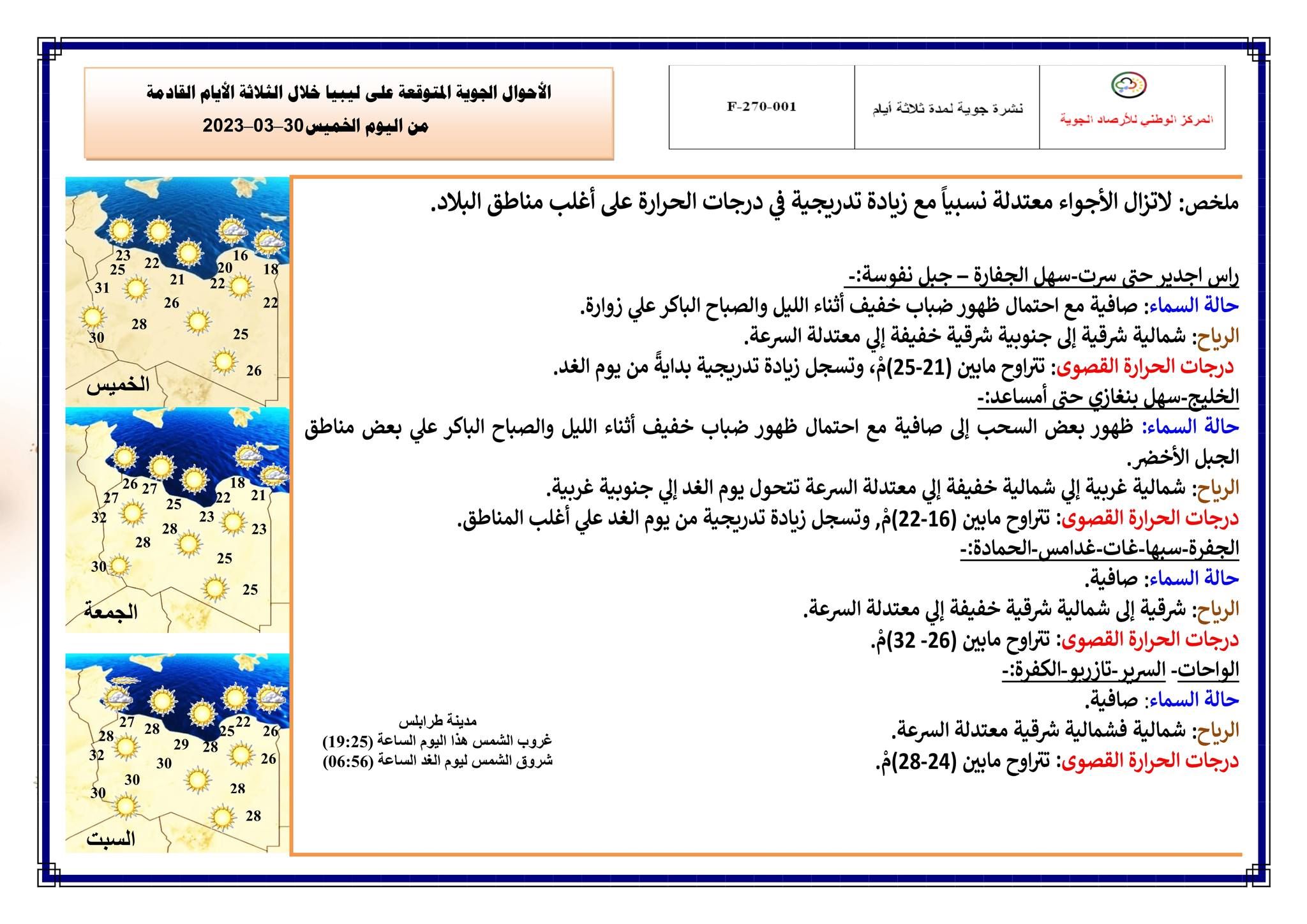 النشرة الجوية ليوم الخميس الموافق 30– 03 – 2023 الصادرة عن المركز الوطني للأرصاد الجوية