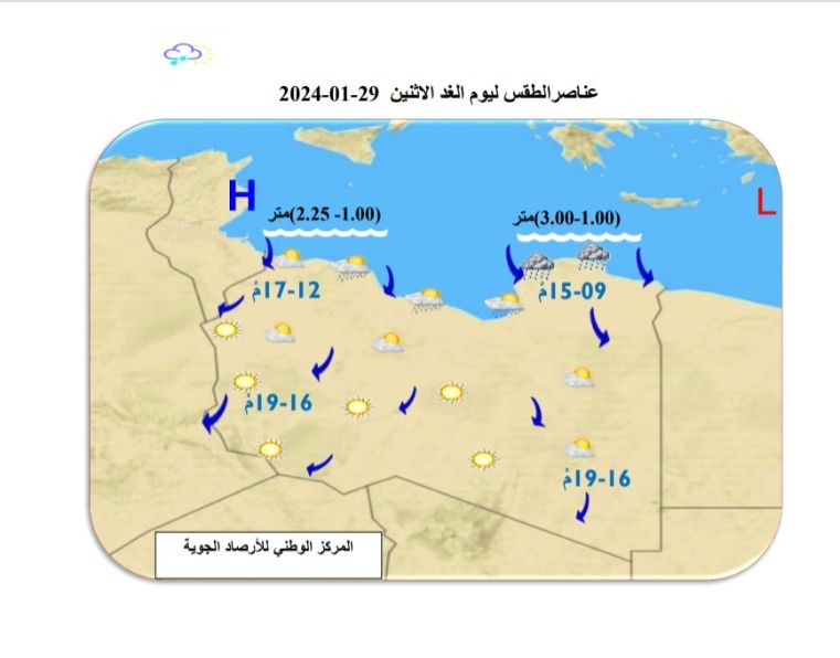 النشرة الجوية ليوم الاحد الموافق 28– 01– 2024 الصادرة عن المركز الوطني للأرصاد الجوية