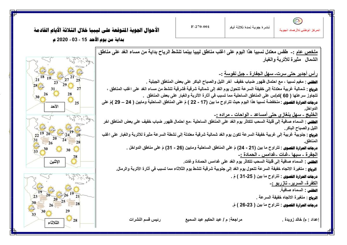 النشرة الجوية ليوم الأحد الموافق 15 – 03 – 2020 الصادرة عن المركز الوطني للأرصاد الجوية