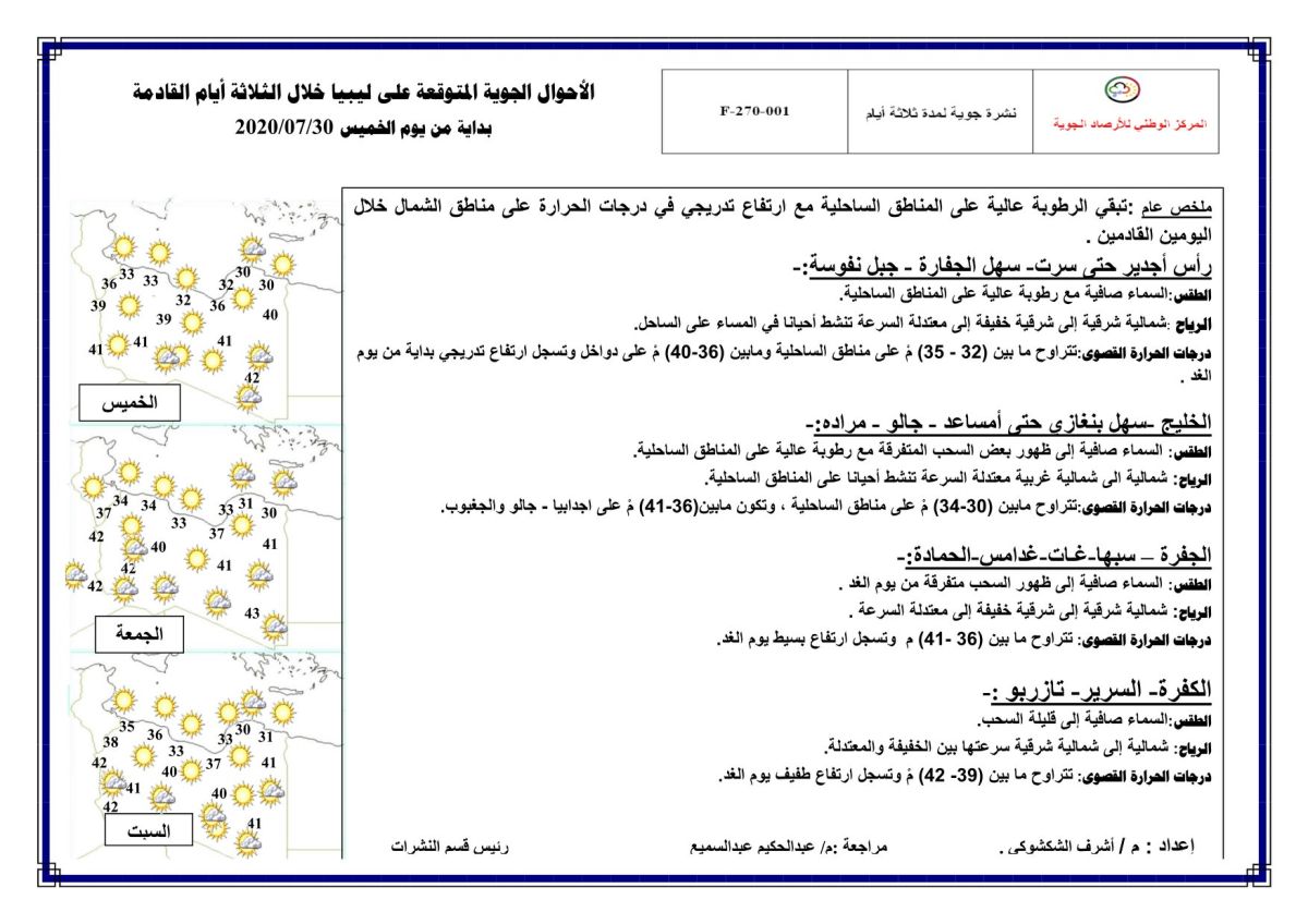 النشرة الجوية ليوم الخميس الموافق 30 – 07 – 2020 الصادرة عن المركز الوطني للأرصاد الجوية