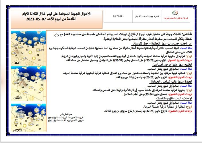 النشرة الجوية ليوم الأحد الموافق 07 – 05 – 2023 الصادرة عن المركز الوطني للأرصاد الجوية