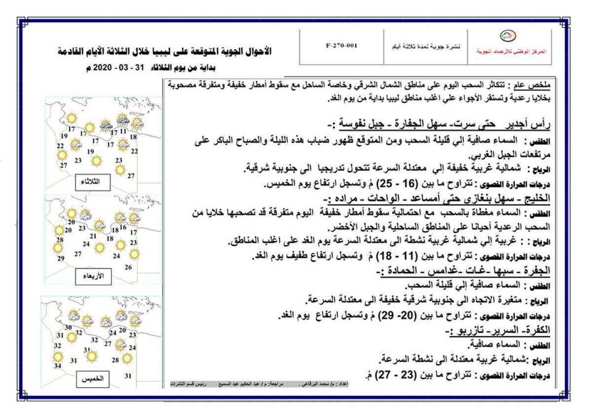 النشرة الجوية ليوم الثلاثاء الموافق 31 – 03 – 2020 الصادرة عن المركز الوطني للأرصاد الجوية