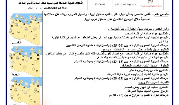 النشرة الجوية ليوم الخميس الموافق 07 – 01 – 2021 الصادرة عن المركز الوطني للأرصاد الجوية