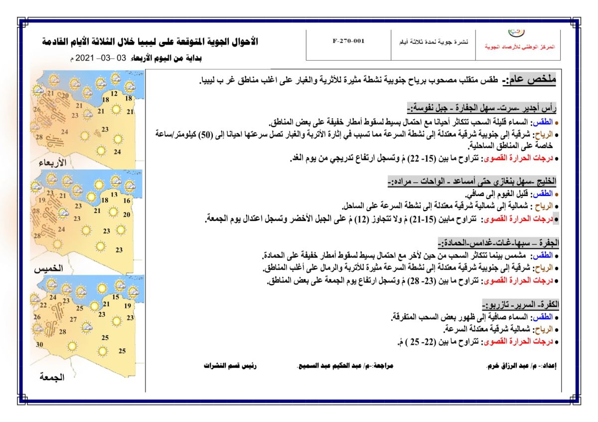 النشرة الجوية ليوم الإربعاء الموافق 03 – 03 – 2021 الصادرة عن المركز الوطني للأرصاد الجوية