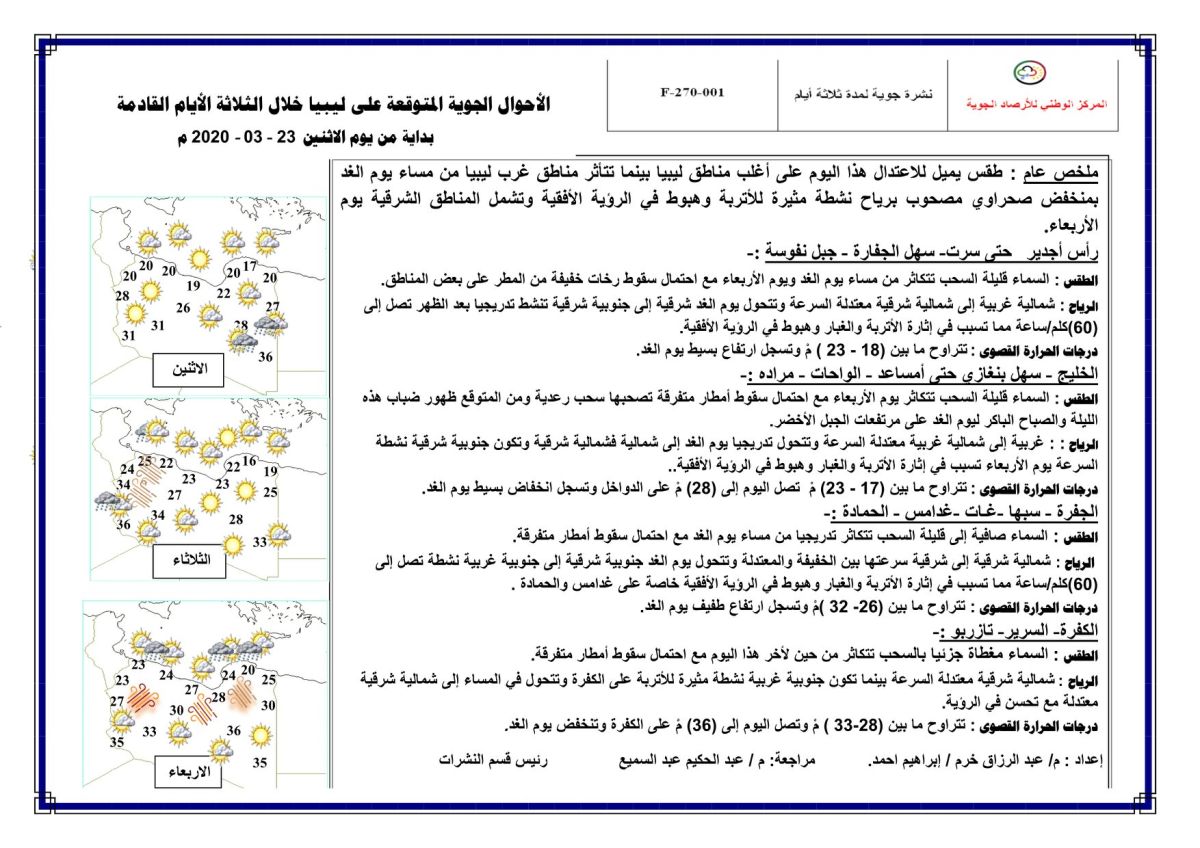 النشرة الجوية ليوم الاثنين الموافق 23 – 03 – 2020 الصادرة عن المركز الوطني للأرصاد الجوية