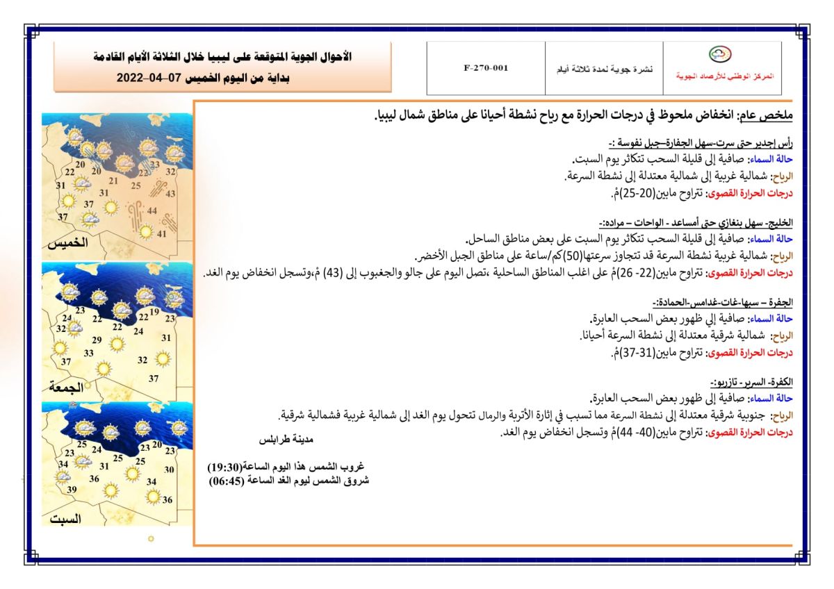 النشرة الجوية ليوم الخميس الموافق 07 – 04 – 2022 الصادرة عن المركز الوطني للأرصاد الجوية