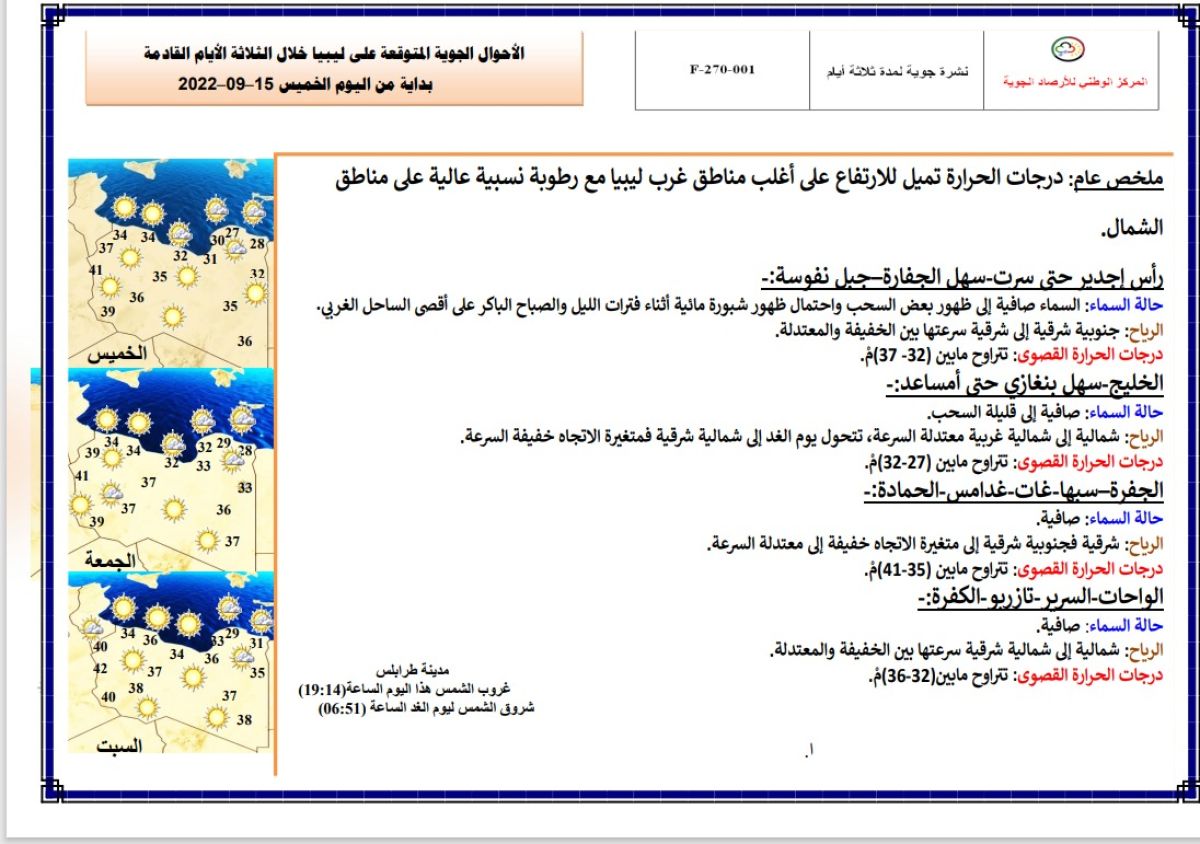 النشرة الجوية ليوم الخميس الموافق 15 – 09 – 2022 الصادرة عن المركز الوطني للأرصاد الجوية