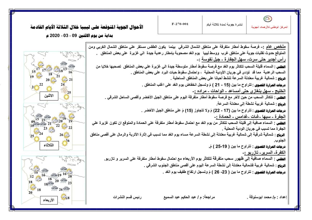 النشرة الجوية ليوم الاثنين الموافق 09 – 03 – 2020 الصادرة عن المركز الوطني للأرصاد الجوية