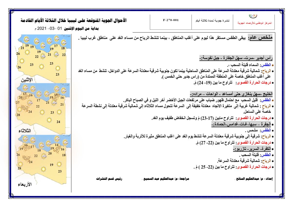 النشرة الجوية ليوم الاثنين الموافق 01 – 03 – 2021 الصادرة عن المركز الوطني للأرصاد الجوية