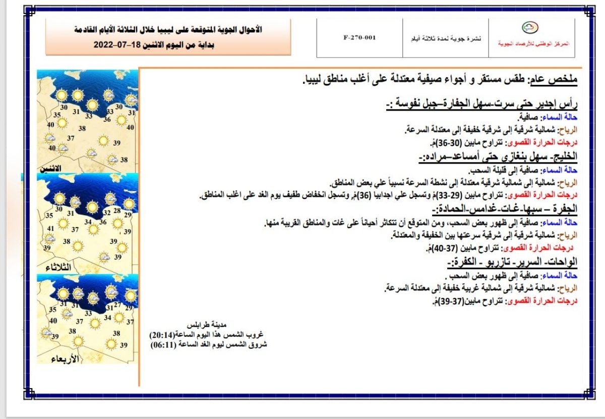 النشرة الجوية ليوم الاثنين الموافق 18– 07 – 2022 الصادرة عن المركز الوطني للأرصاد الجوية