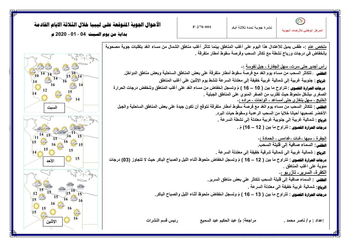 النشرة الجوية ليوم السبت الموافق 04 – 01 – 2020 الصادرة عن المركز الوطني للأرصاد الجوية