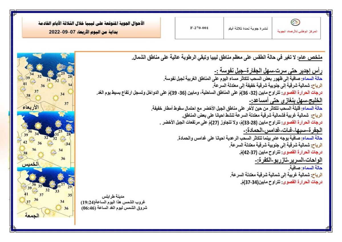 النشرة الجوية ليوم الأربعاء الموافق 7 – 09 – 2022 الصادرة عن المركز الوطني للأرصاد الجوية