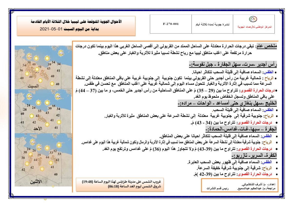 النشرة الجوية ليوم السبت الموافق 01 – 05 – 2021 الصادرة عن المركز الوطني للأرصاد الجوية