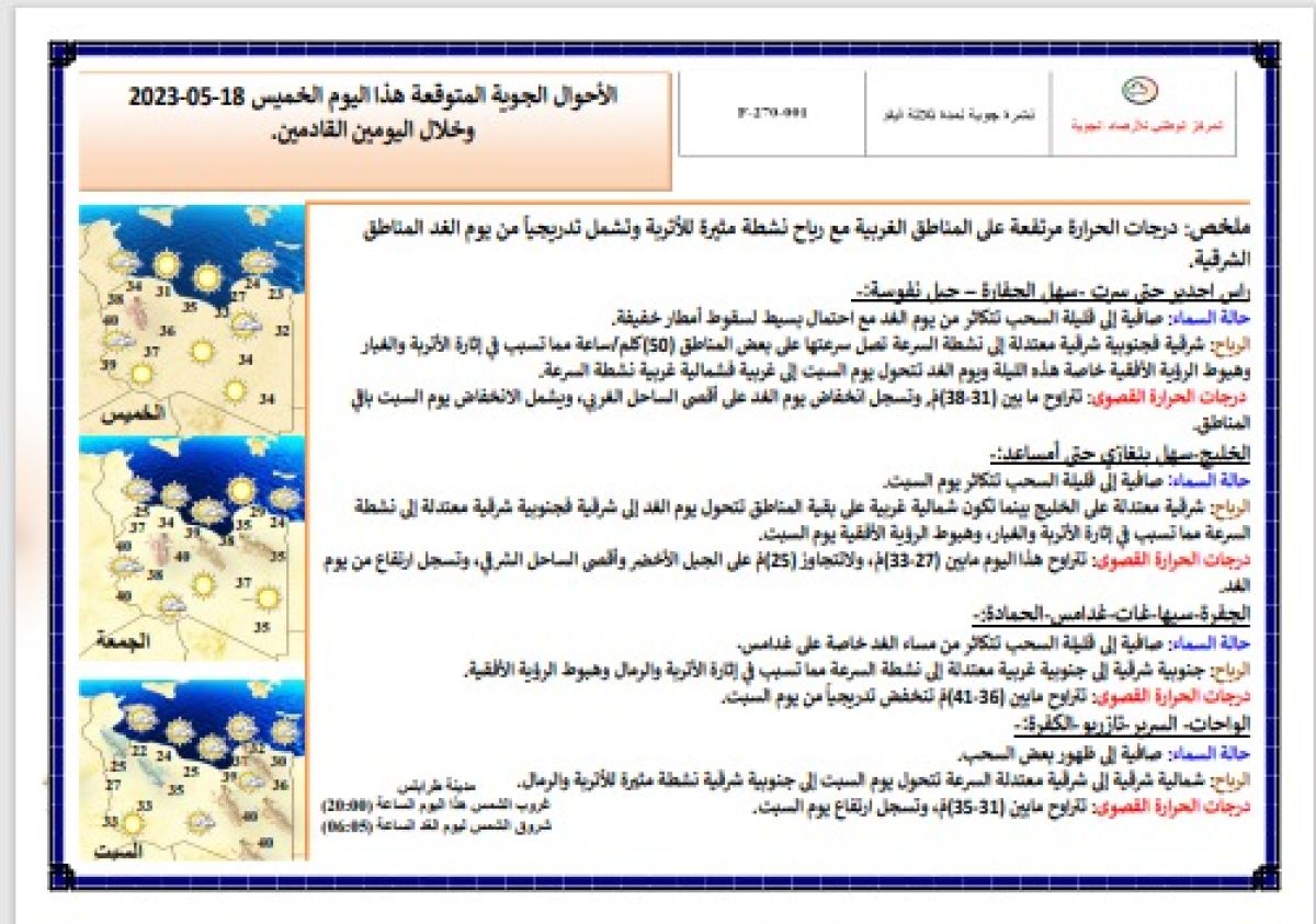 النشرة الجوية ليوم الخميس الموافق 18– 05 – 2023 الصادرة عن المركز الوطني للأرصاد الجوية