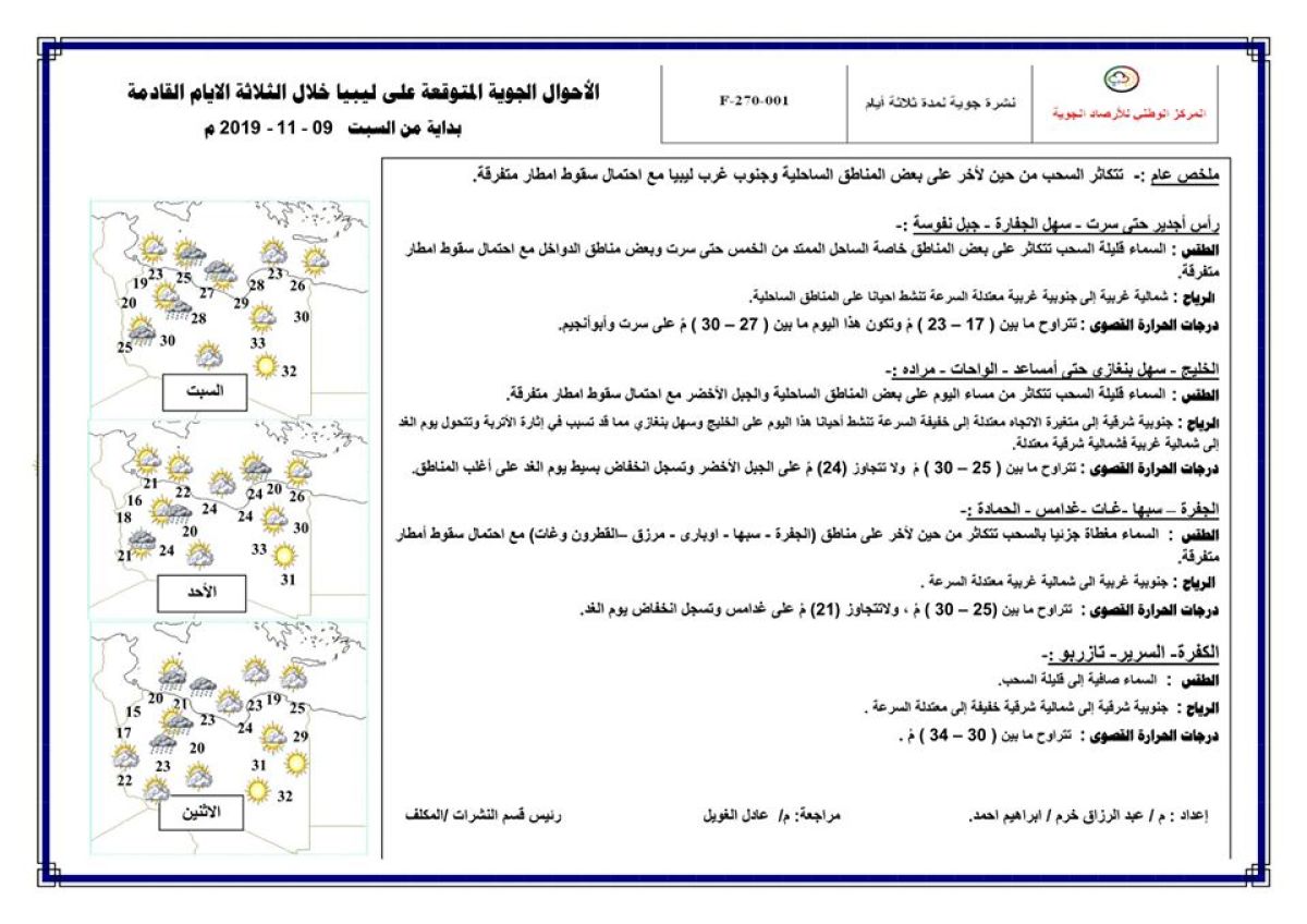 النشرة الجوية ليوم السبت الموافق 9 – 11 – 2019 الصادرة عن المركز الوطني للأرصاد الجوية