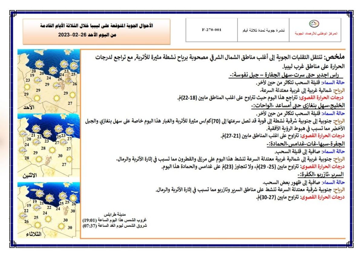 النشرة الجوية ليوم الأحد الموافق 26 – 02 – 2023 الصادرة عن المركز الوطني للأرصاد الجوية